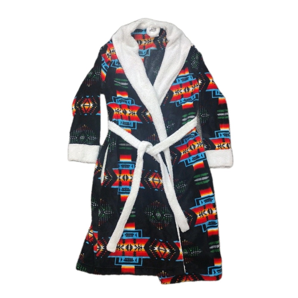 Western Trading Blankets Robe Aztec Black With Belt Fleece Trimmed Size Large